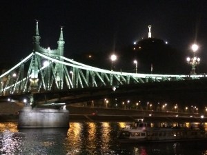 Liberty Bridge at night in Budapest, Hungary